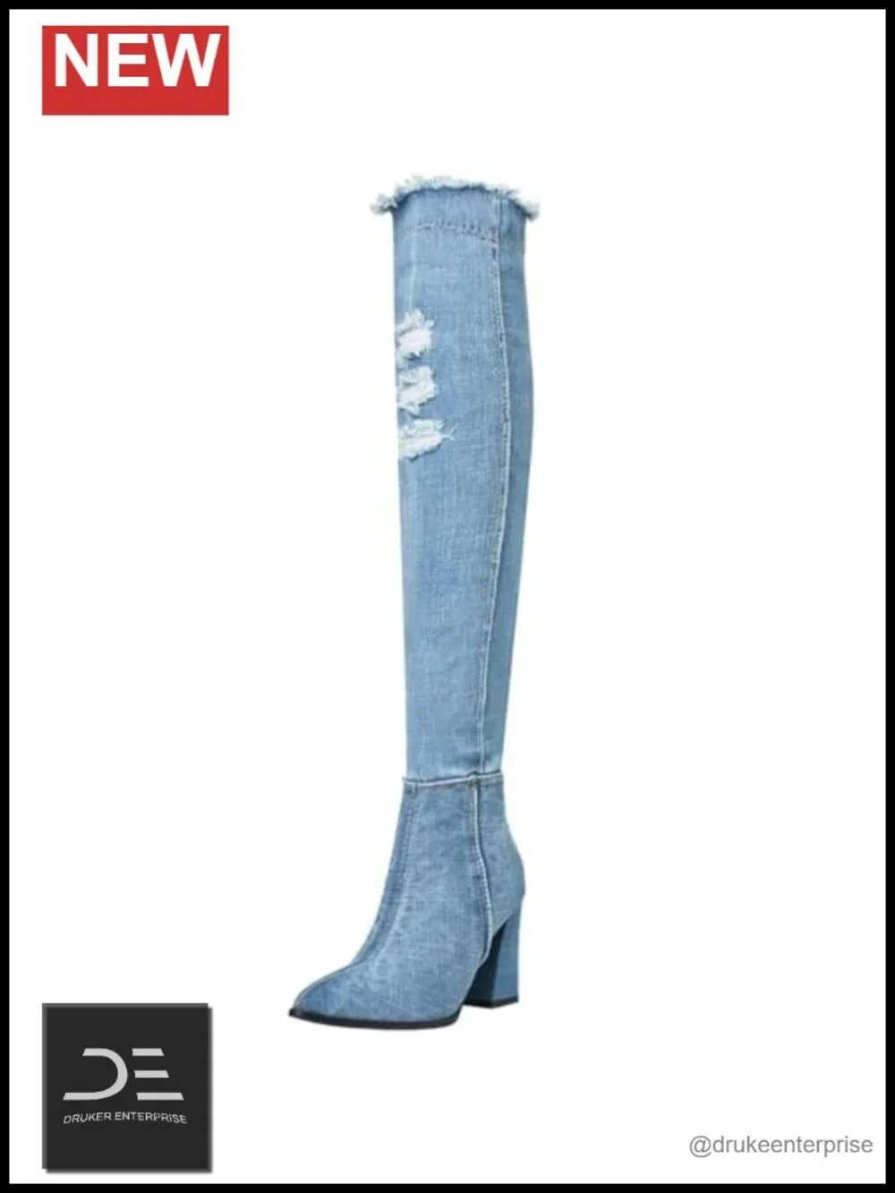 Women's Denim Over the Knee Boots, 8.5cm Block Heel, Cutout Pointed Toe, Side